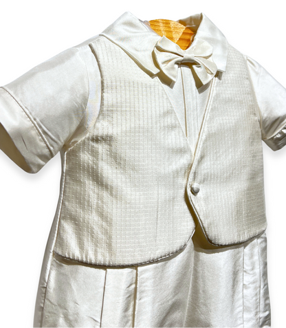 silk christening romper Expressions Boutique NY, short sleeve knicker set, baby boy silk baptism outfit, ivory romper with bowtie, boutique christening wear Long Island, champagne trim baptism romper