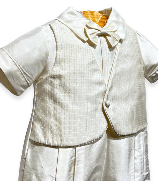 silk christening romper Expressions Boutique NY, short sleeve knicker set, baby boy silk baptism outfit, ivory romper with bowtie, boutique christening wear Long Island, champagne trim baptism romper