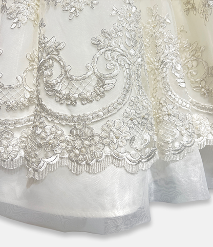 beaded communion dress, ivory satin and tulle dress, boutique girls formal dress, couture communion gown, embroidered lace flower girl dress, white communion bow back dress, luxury girls special occasion dress, Expressions Boutique NY, elegant first communion outfit, girls couture event wear