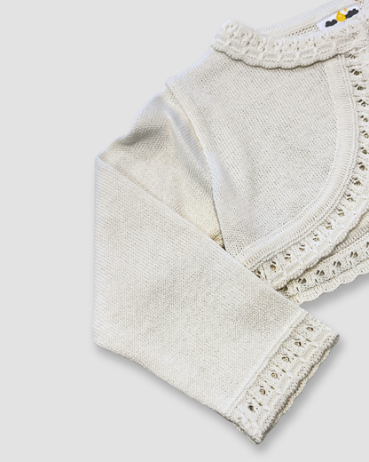 girls knit bolero sweater Expressions Boutique NY, ivory communion cardigan, white crochet trim shrug, elegant baby bolero sweater, boutique special occasion cover-up