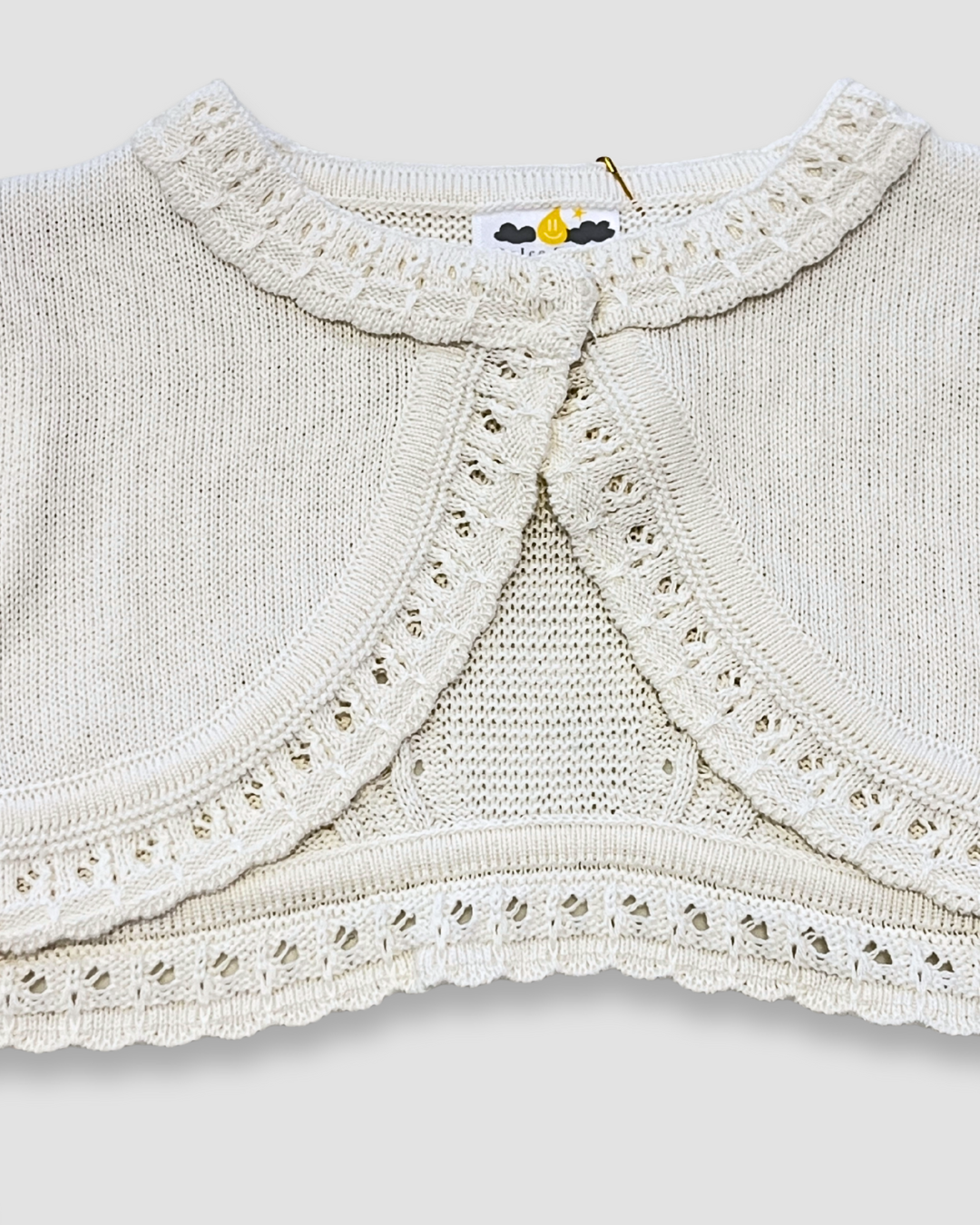 girls knit bolero sweater Expressions Boutique NY, ivory communion cardigan, white crochet trim shrug, elegant baby bolero sweater, boutique special occasion cover-up