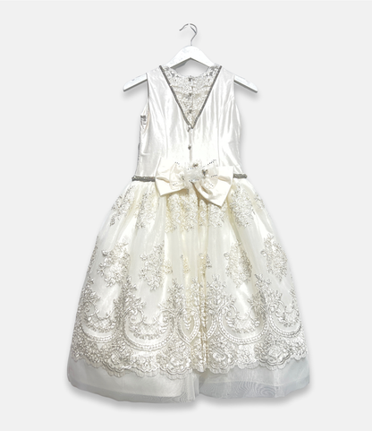 beaded communion dress, ivory satin and tulle dress, boutique girls formal dress, couture communion gown, embroidered lace flower girl dress, white communion bow back dress, luxury girls special occasion dress, Expressions Boutique NY, elegant first communion outfit, girls couture event wear
