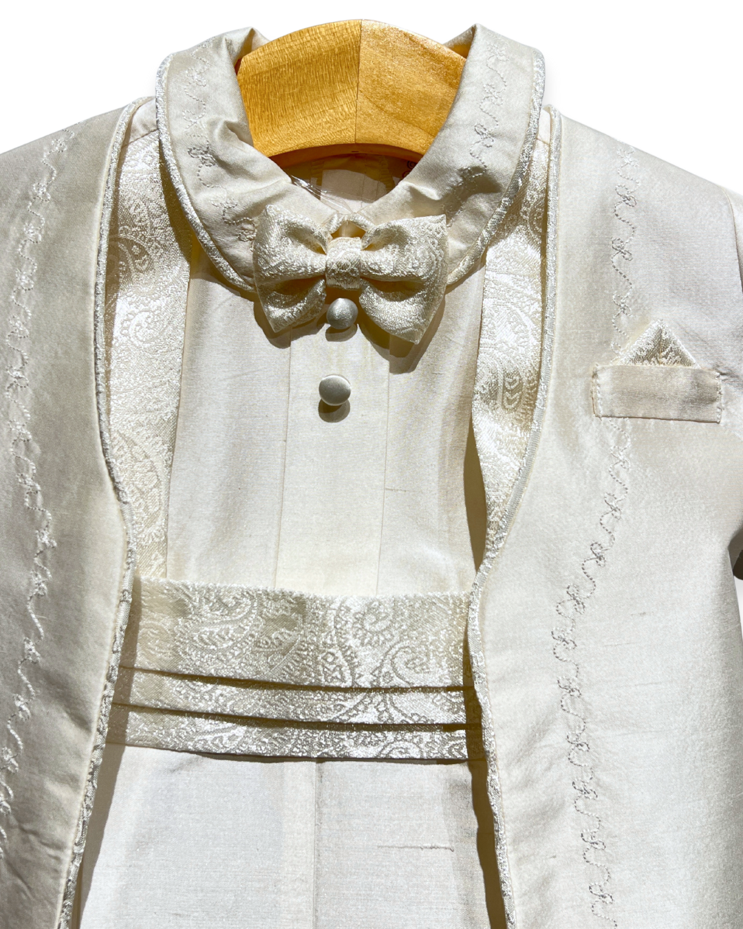 boys silk christening outfit Expressions Boutique NY, 100% silk baptism suit, white silk baby boy formal wear, christening jacket and pants set Woodbury NY, boutique boys baptism outfit Long Island, heirloom silk boys ensemble