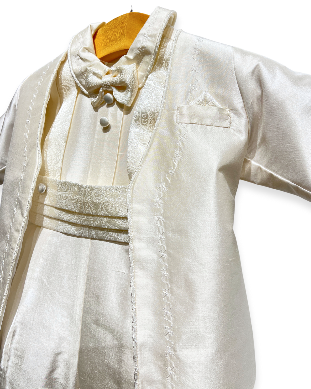 boys silk christening outfit Expressions Boutique NY, 100% silk baptism suit, white silk baby boy formal wear, christening jacket and pants set Woodbury NY, boutique boys baptism outfit Long Island, heirloom silk boys ensemble