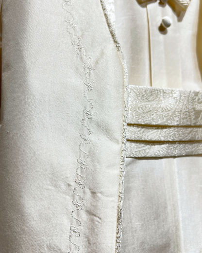 boys silk christening outfit Expressions Boutique NY, 100% silk baptism suit, white silk baby boy formal wear, christening jacket and pants set Woodbury NY, boutique boys baptism outfit Long Island, heirloom silk boys ensemble