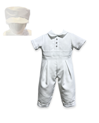 boys white romper Expressions Boutique NY, poly christening outfit baby boy, long cuffed pants romper, baby boy baptism outfit Woodbury NY, boutique christening wear Long Island, formal baby romper set