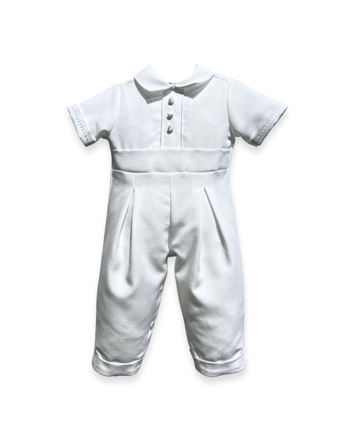 boys white romper Expressions Boutique NY, poly christening outfit baby boy, long cuffed pants romper, baby boy baptism outfit Woodbury NY, boutique christening wear Long Island, formal baby romper set