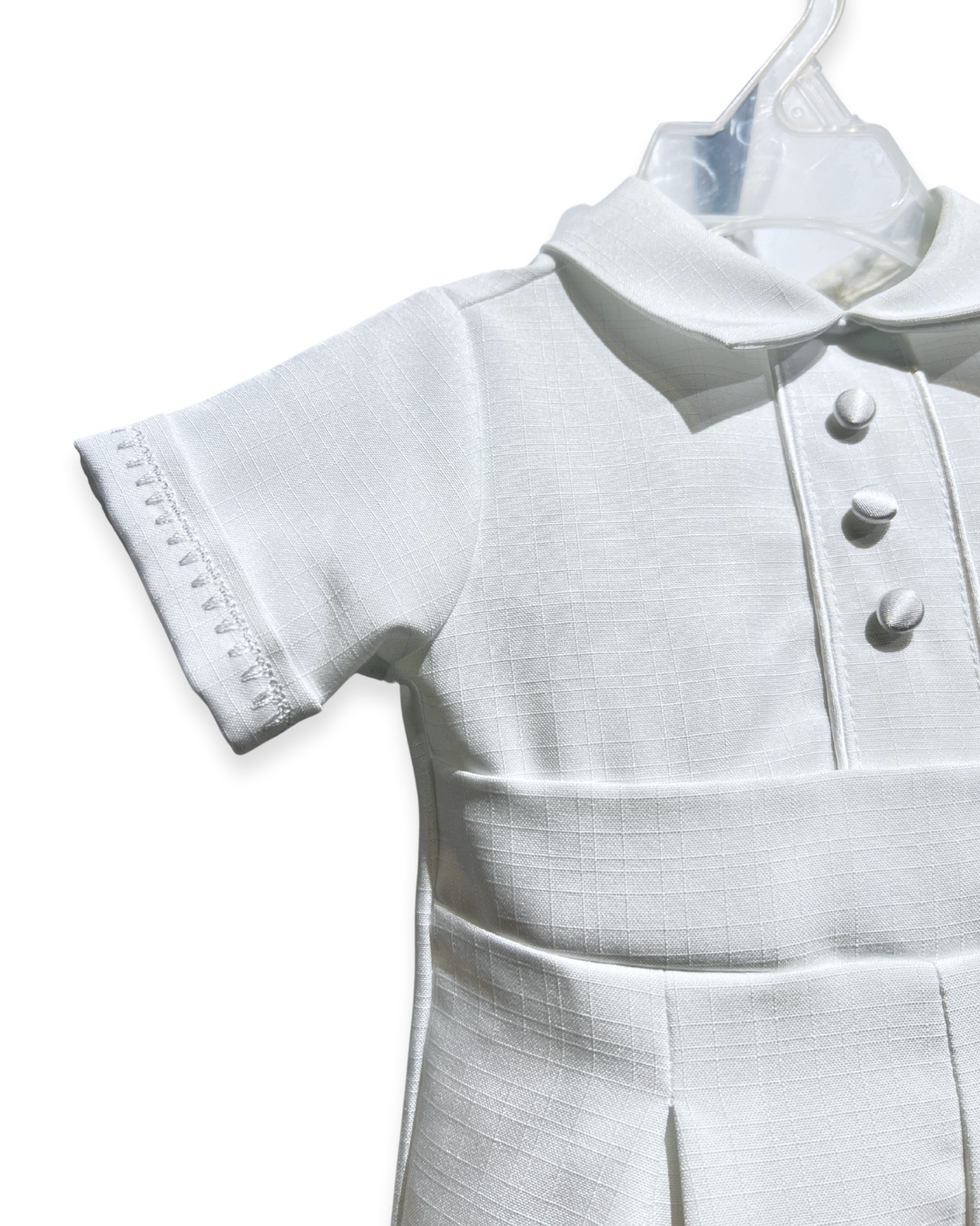 boys white romper Expressions Boutique NY, poly christening outfit baby boy, long cuffed pants romper, baby boy baptism outfit Woodbury NY, boutique christening wear Long Island, formal baby romper set