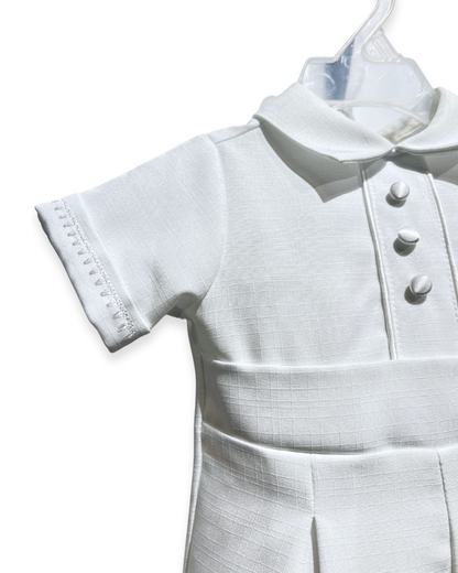 boys white romper Expressions Boutique NY, poly christening outfit baby boy, long cuffed pants romper, baby boy baptism outfit Woodbury NY, boutique christening wear Long Island, formal baby romper set