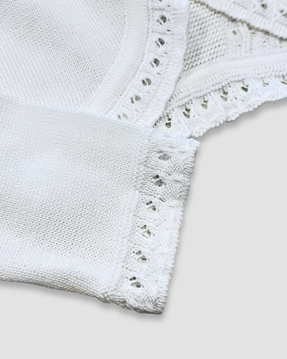 girls knit bolero sweater Expressions Boutique NY, ivory communion cardigan, white crochet trim shrug, elegant baby bolero sweater, boutique special occasion cover-up