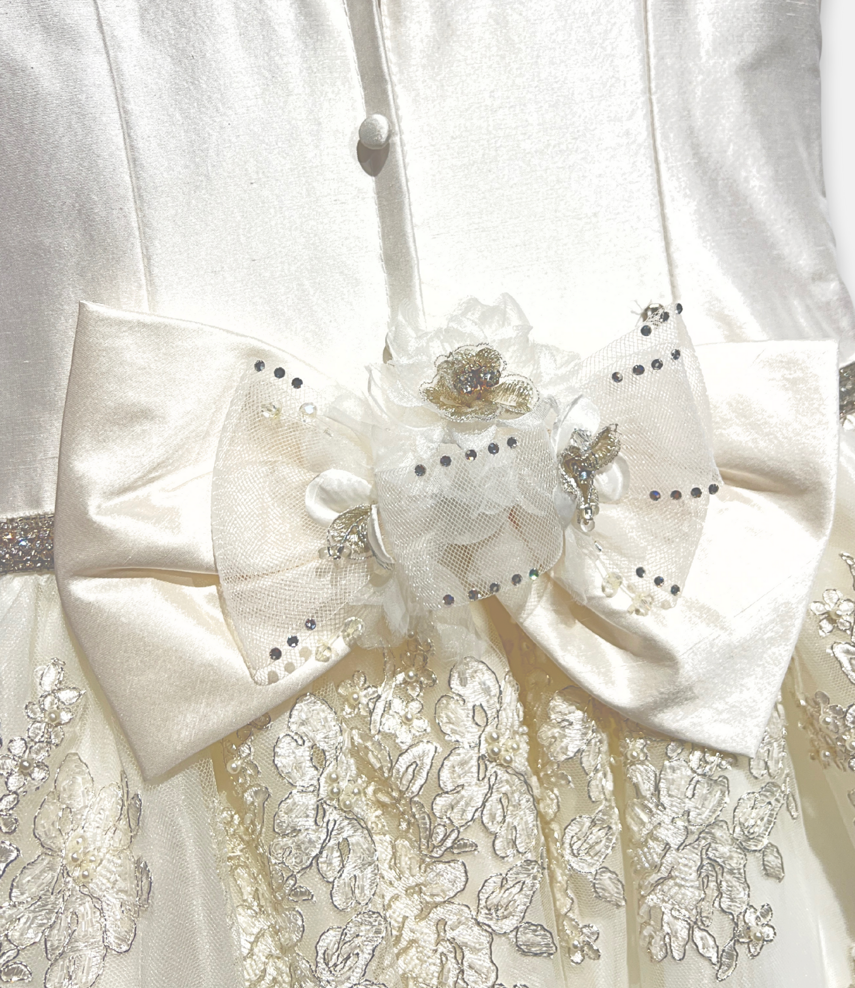 beaded communion dress, ivory satin and tulle dress, boutique girls formal dress, couture communion gown, embroidered lace flower girl dress, white communion bow back dress, luxury girls special occasion dress, Expressions Boutique NY, elegant first communion outfit, girls couture event wear