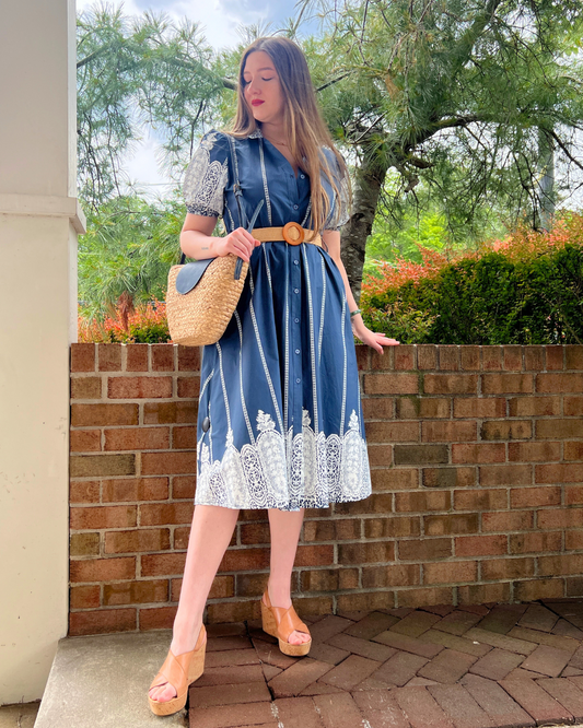 Midnight Blue Novelty Border Print Button Front Belted Dress