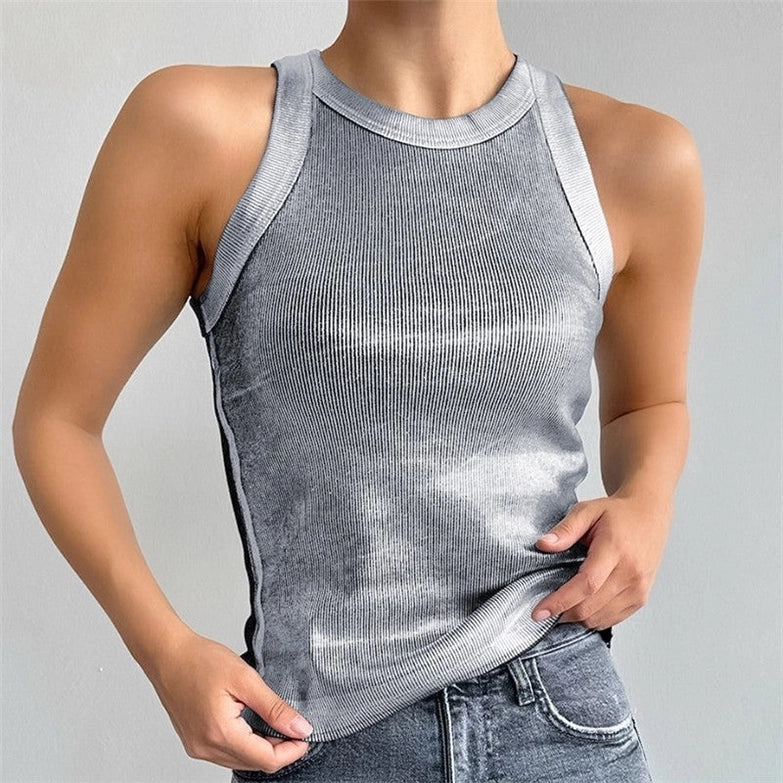 silver ribbed tank top Expressions Boutique NY, metallic knit camisole women, minimalist silver top, boutique sleeveless top metallic sheen, fitted rib knit cami