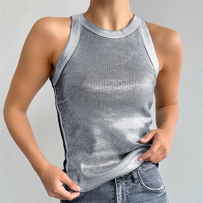 silver ribbed tank top Expressions Boutique NY, metallic knit camisole women, minimalist silver top, boutique sleeveless top metallic sheen, fitted rib knit cami