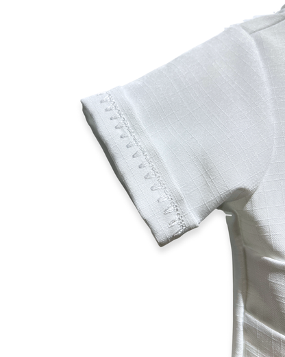 boys white romper Expressions Boutique NY, poly christening outfit baby boy, long cuffed pants romper, baby boy baptism outfit Woodbury NY, boutique christening wear Long Island, formal baby romper set