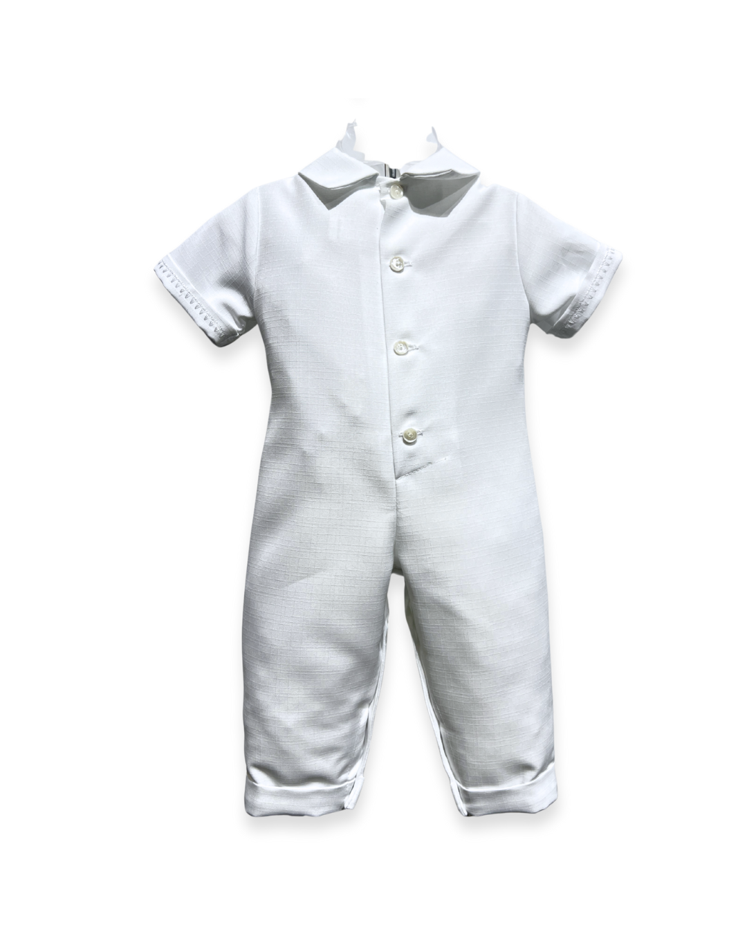 boys white romper Expressions Boutique NY, poly christening outfit baby boy, long cuffed pants romper, baby boy baptism outfit Woodbury NY, boutique christening wear Long Island, formal baby romper set