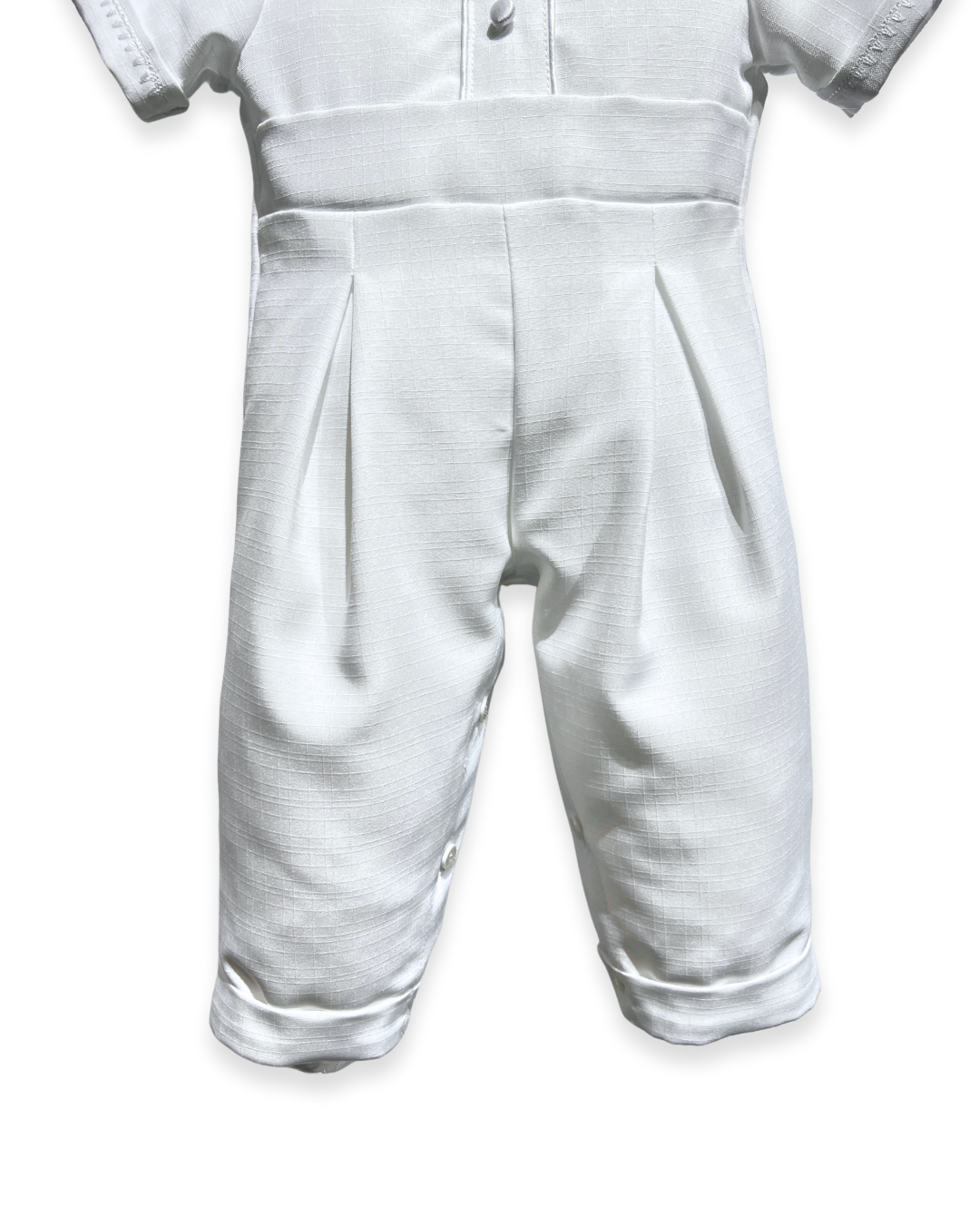 boys white romper Expressions Boutique NY, poly christening outfit baby boy, long cuffed pants romper, baby boy baptism outfit Woodbury NY, boutique christening wear Long Island, formal baby romper set