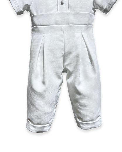 boys white romper Expressions Boutique NY, poly christening outfit baby boy, long cuffed pants romper, baby boy baptism outfit Woodbury NY, boutique christening wear Long Island, formal baby romper set