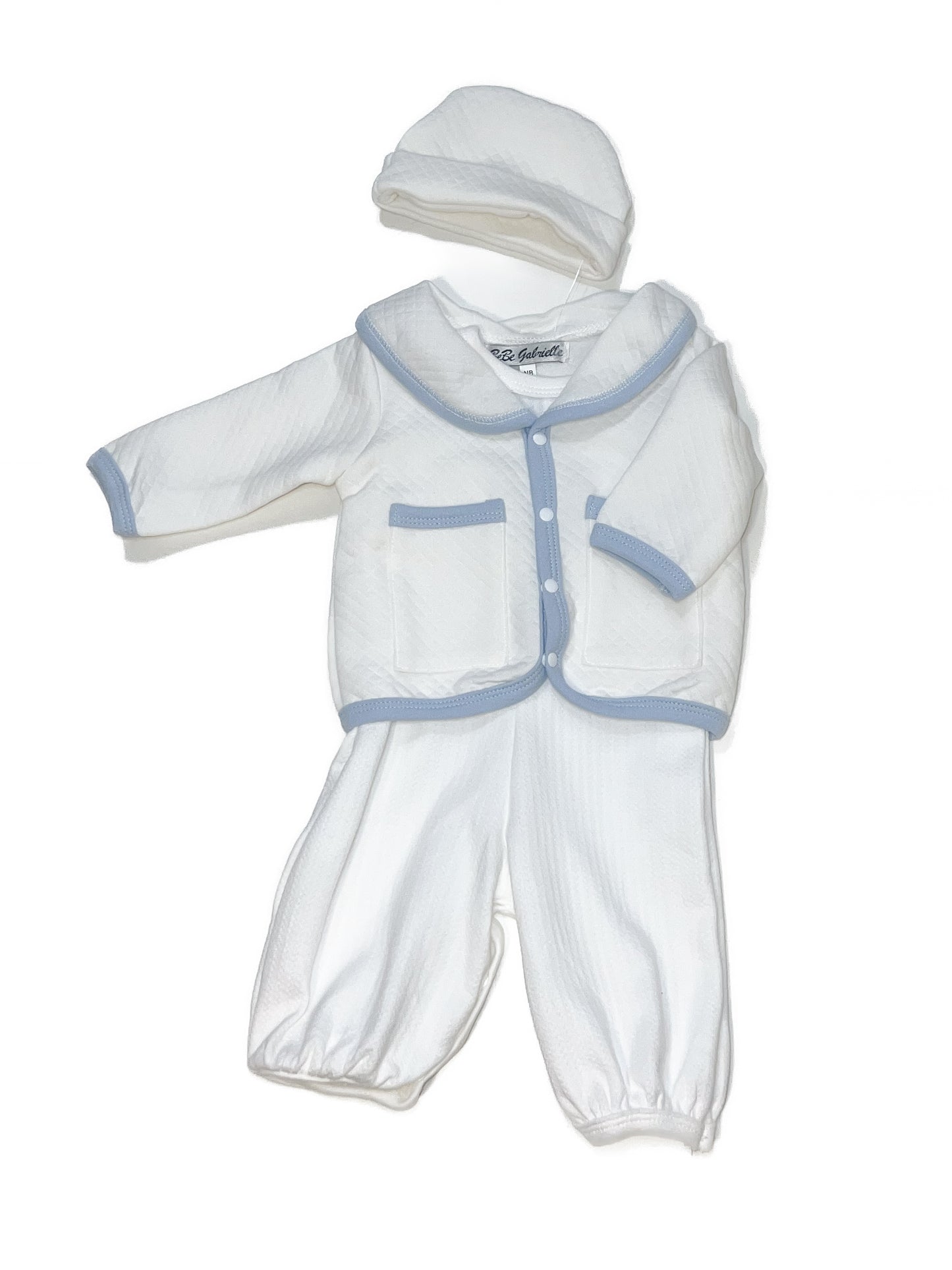 3pc Ivory SS Romper LS Quilted Button Down Jacket w Light Blue Trim & Quilted Hat