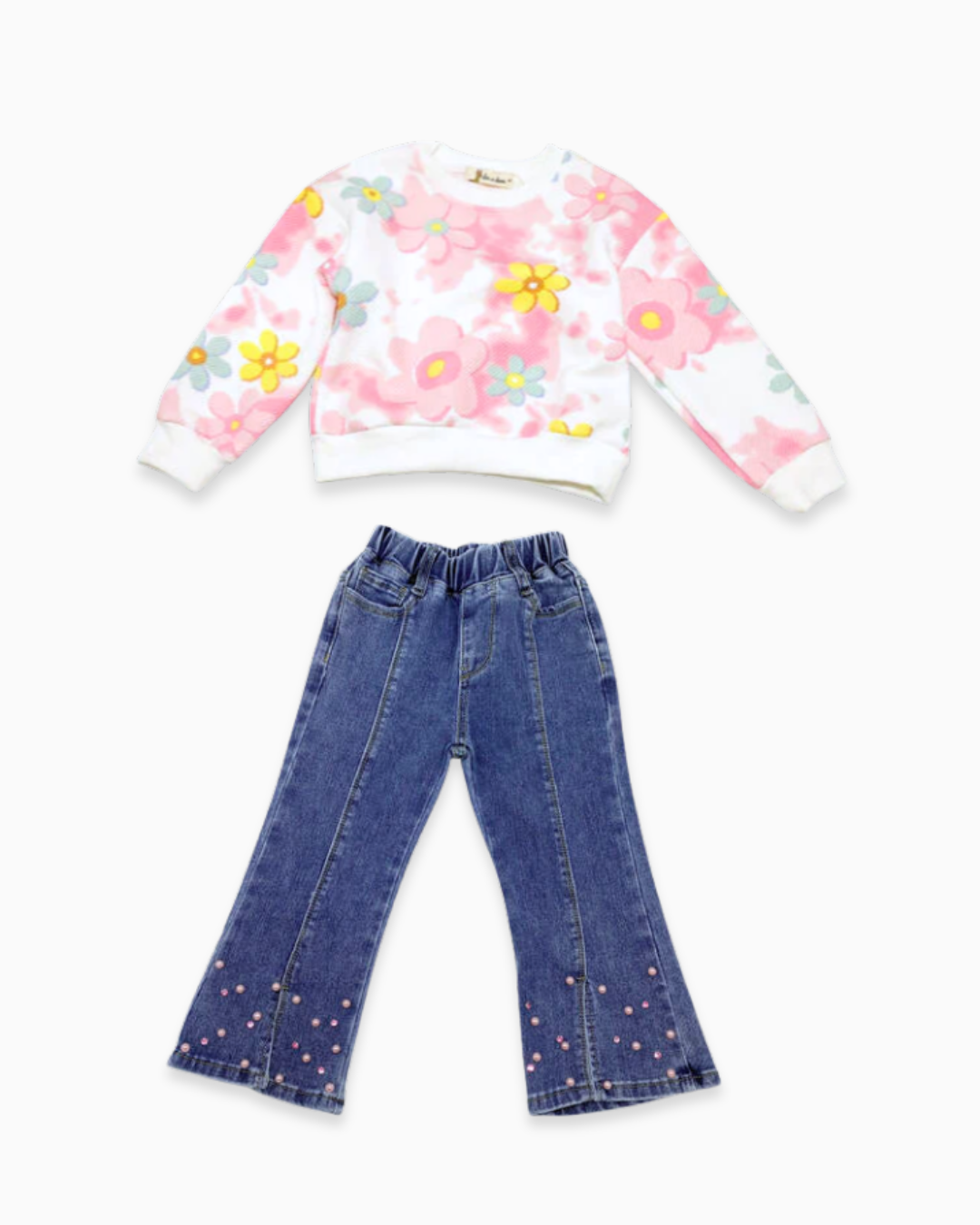 girls floral sweatshirt set, embellished flare jeans, 2pc kids denim outfit Expressions Boutique NY, girls boutique clothing Woodbury NY, retro flower cloud print outfit for kids