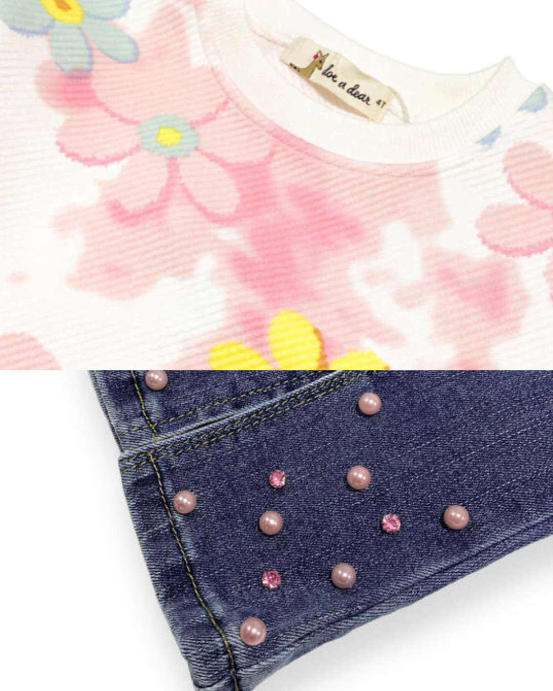 girls floral sweatshirt set, embellished flare jeans, 2pc kids denim outfit Expressions Boutique NY, girls boutique clothing Woodbury NY, retro flower cloud print outfit for kids