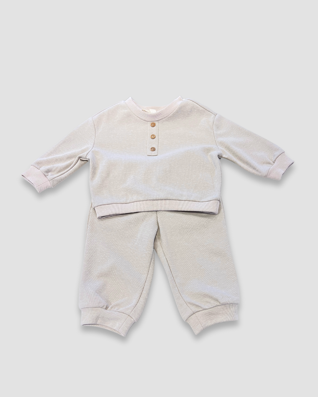 boutique baby boy pant set Expressions Boutique NY, beige neutral toddler lounge outfit, ribbed cotton kids co-ord set, minimal unisex baby clothing soft cotton, fall toddler matching set comfy knit
