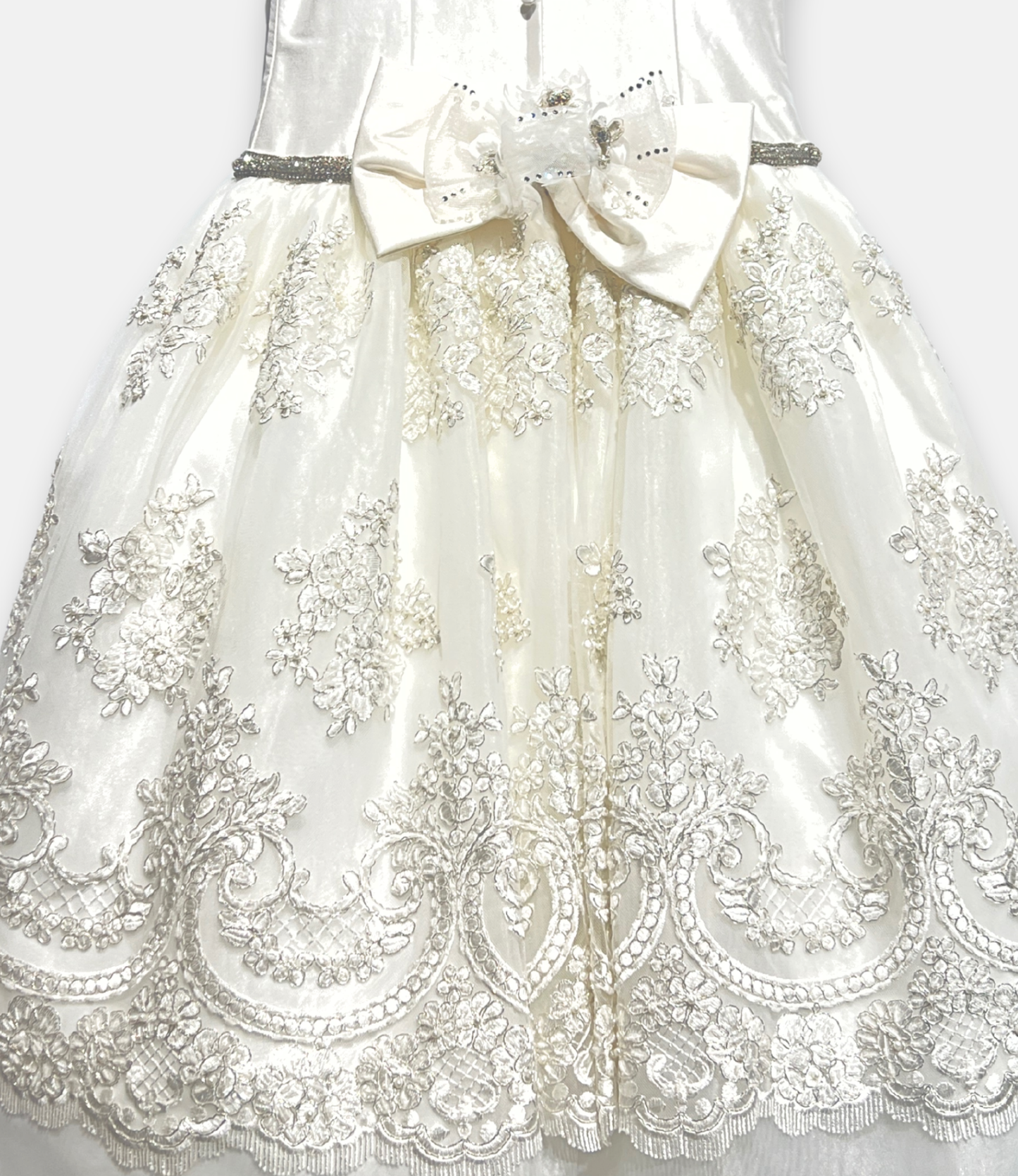 beaded communion dress, ivory satin and tulle dress, boutique girls formal dress, couture communion gown, embroidered lace flower girl dress, white communion bow back dress, luxury girls special occasion dress, Expressions Boutique NY, elegant first communion outfit, girls couture event wear