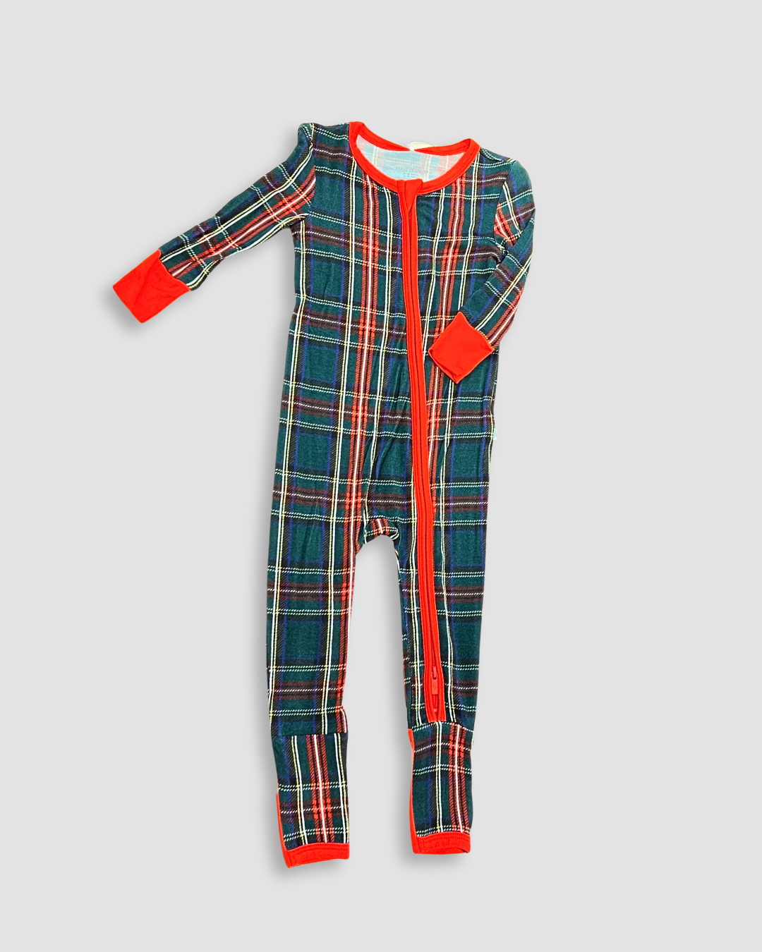 plaid baby romper Expressions Boutique NY, holiday baby romper, Christmas plaid pajamas, festive kids sleepwear, boutique baby Christmas outfit, red trim plaid romper