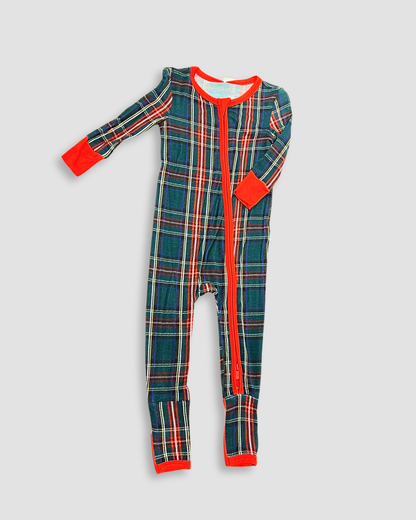 plaid baby romper Expressions Boutique NY, holiday baby romper, Christmas plaid pajamas, festive kids sleepwear, boutique baby Christmas outfit, red trim plaid romper