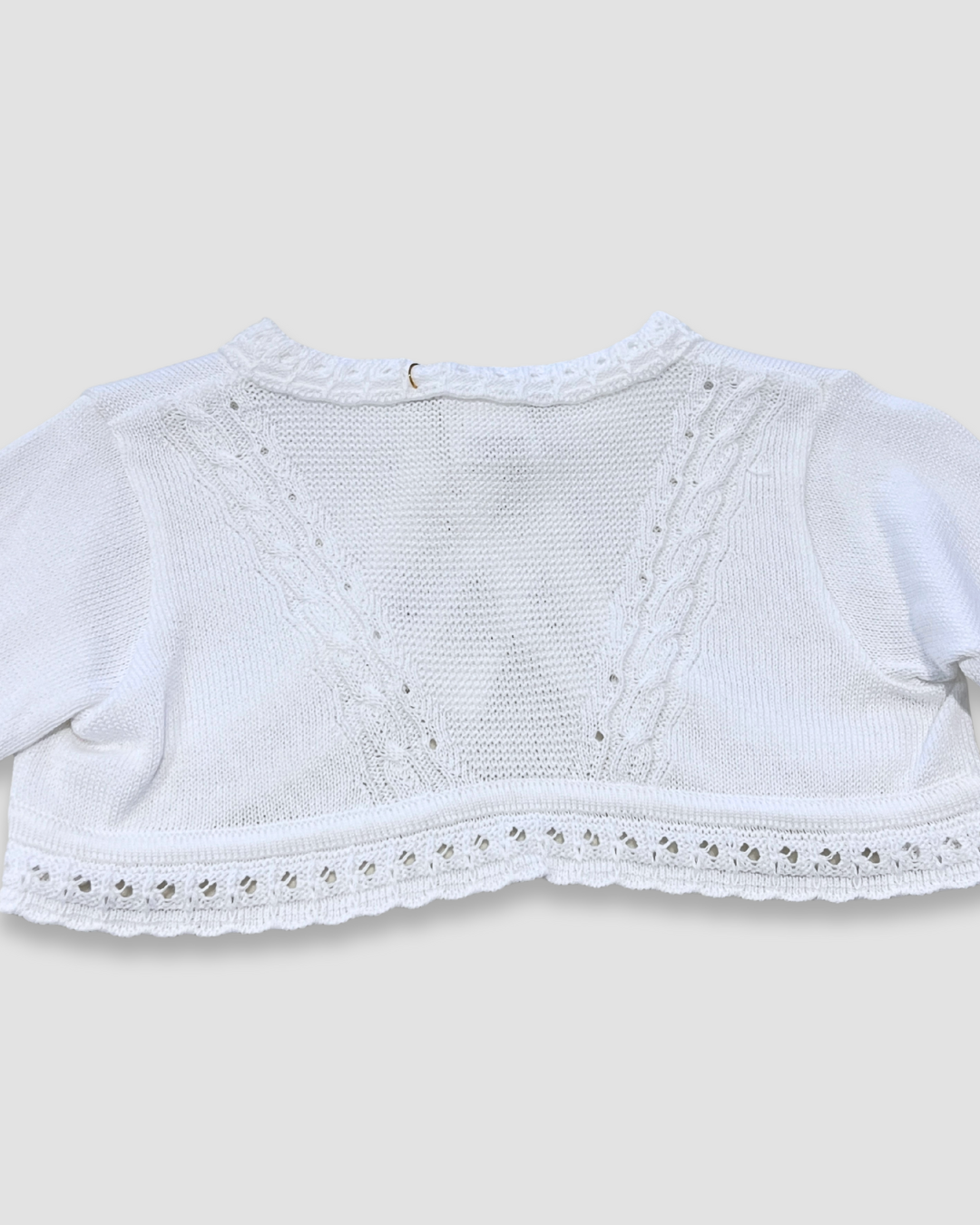 girls knit bolero sweater Expressions Boutique NY, ivory communion cardigan, white crochet trim shrug, elegant baby bolero sweater, boutique special occasion cover-up