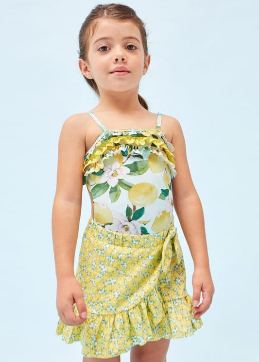 2pcs - One Piece Lemon Print suit w Mimosa scattered Floral Print Skirt