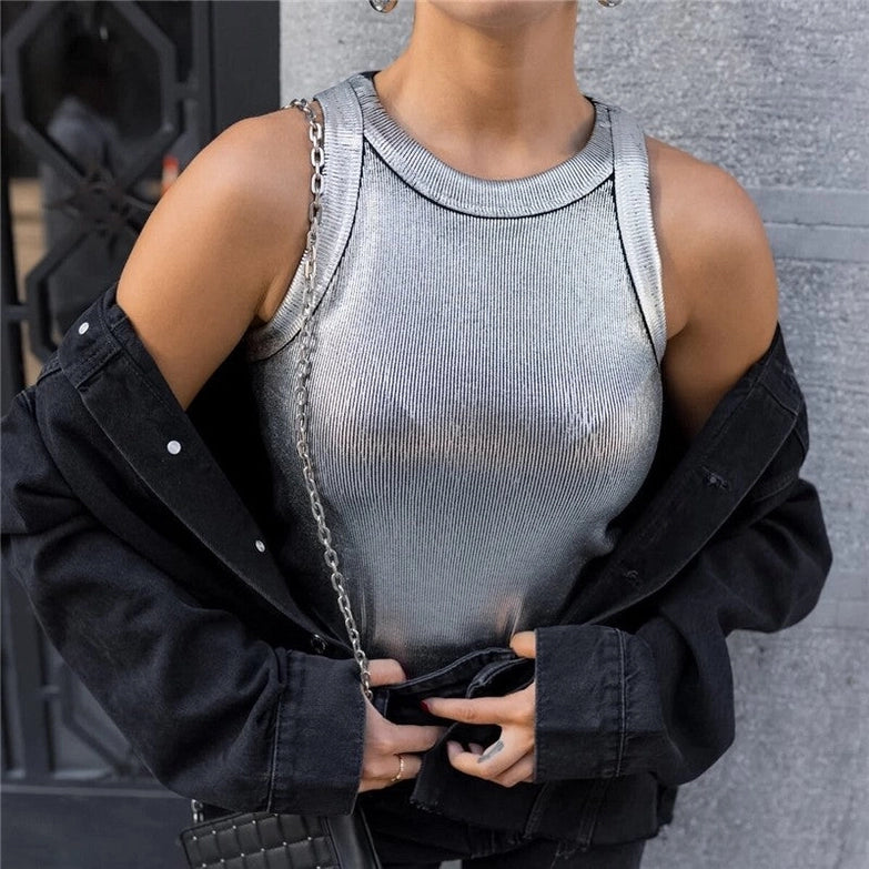 silver ribbed tank top Expressions Boutique NY, metallic knit camisole women, minimalist silver top, boutique sleeveless top metallic sheen, fitted rib knit cami