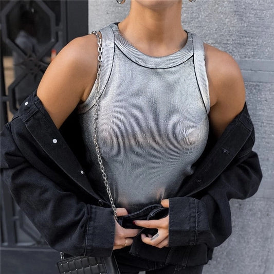 silver ribbed tank top Expressions Boutique NY, metallic knit camisole women, minimalist silver top, boutique sleeveless top metallic sheen, fitted rib knit cami