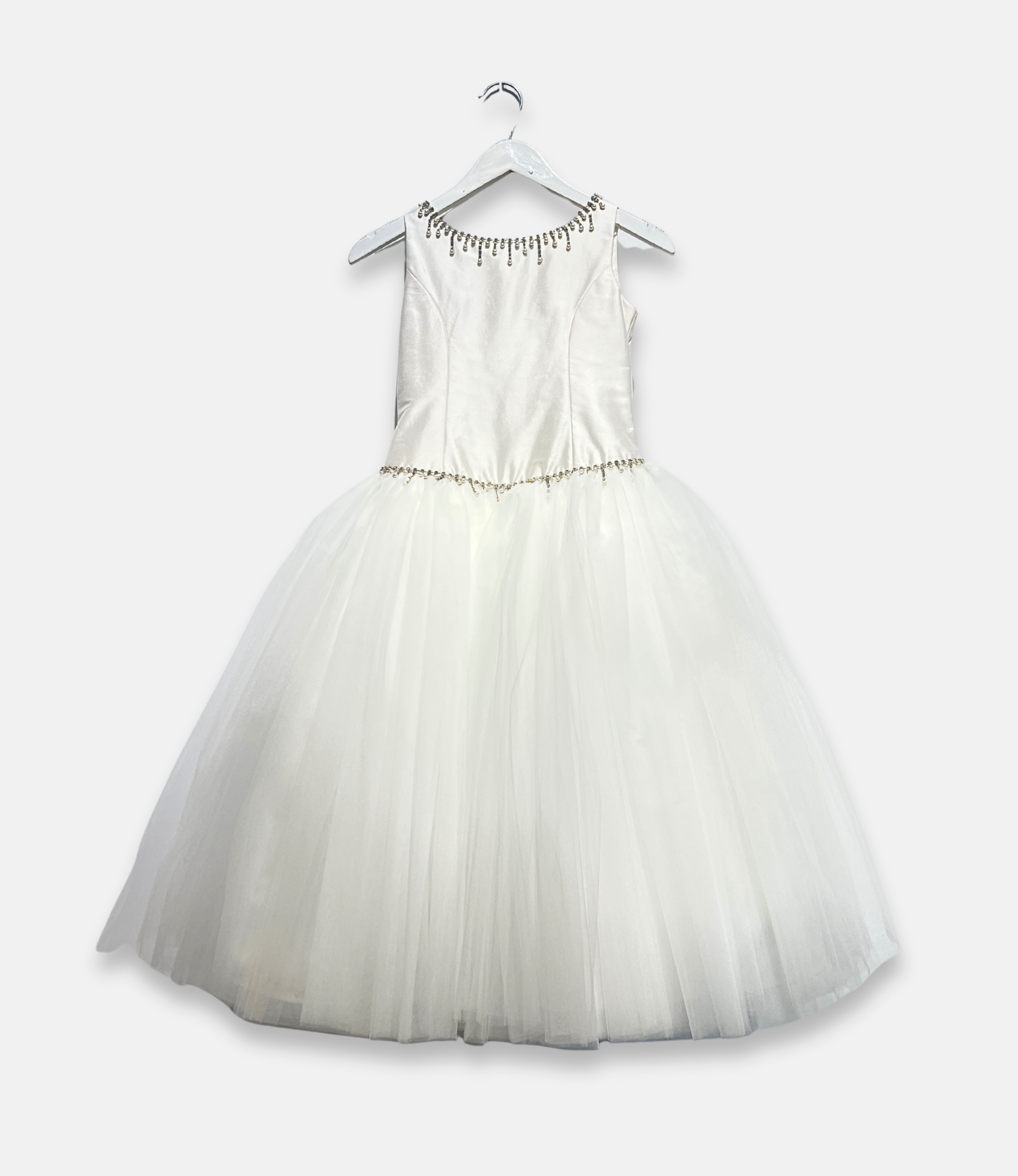 couture margo dress, white pearl beaded communion dress, satin and tulle flower girl dress, boutique girls formal gown, couture girls special occasion dress, pearl neckline communion gown, Expressions Boutique NY, luxury girls fashion, elegant communion dress, boutique couture kidswear