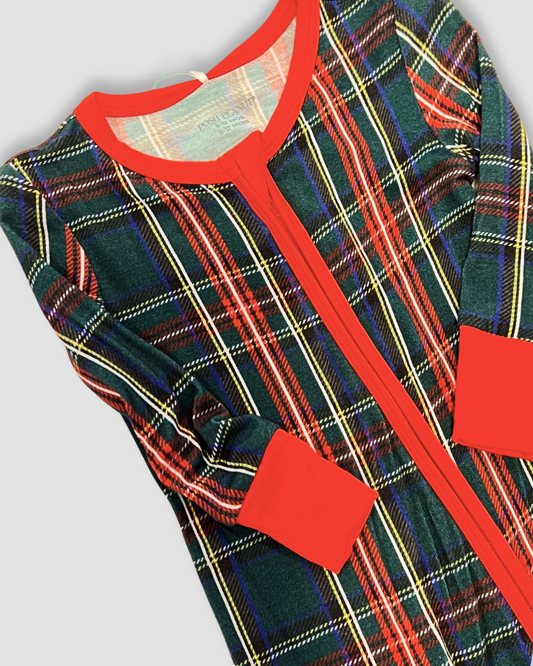 plaid baby romper Expressions Boutique NY, holiday baby romper, Christmas plaid pajamas, festive kids sleepwear, boutique baby Christmas outfit, red trim plaid romper