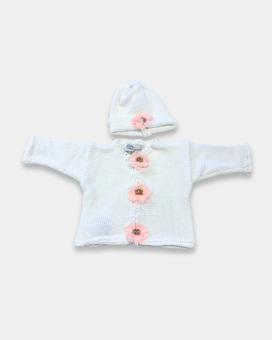 boutique baby girl knit sweater set, christening baby girl cardigan hat, white knit cotton baby outfit girls, boutique newborn knitwear Expressions Boutique NY, heirloom baby girl gift set, rhinestone flower cardigan for baby girl, baby shower gift set boutique, luxury knit baby girl sweater set, cotton baby sweater hat set, baby girl special occasion knitwear