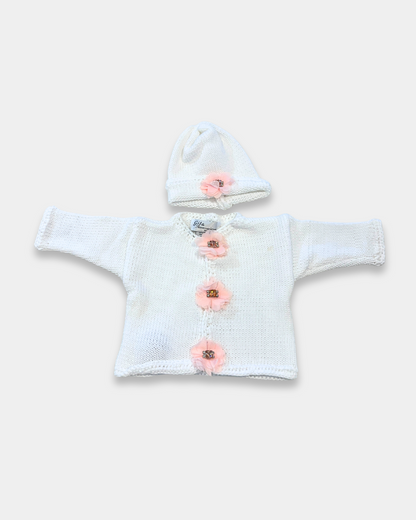 boutique baby girl knit sweater set, christening baby girl cardigan hat, white knit cotton baby outfit girls, boutique newborn knitwear Expressions Boutique NY, heirloom baby girl gift set, rhinestone flower cardigan for baby girl, baby shower gift set boutique, luxury knit baby girl sweater set, cotton baby sweater hat set, baby girl special occasion knitwear
