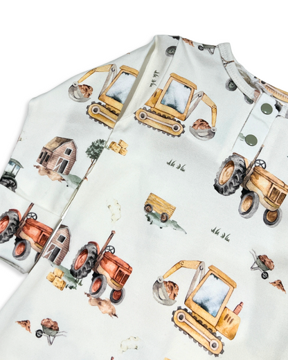 diggers and tractors baby romper, farm print growsuit, organic cotton baby clothes, baby boy tractor outfit, boutique baby romper, infant farm print one piece, baby shower gift boy, soft cotton baby footie, eco friendly baby growsuit, toddler farm themed outfit