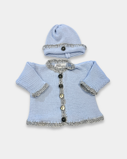 baby cotton sweater set, boutique baby knitwear, baby shower gift outfit, baby boy sweater and hat set, newborn cotton sweater outfit, boutique baby clothing Expressions Boutique NY, infant knit cardigan set, baby cotton knit with chenille trim, newborn coming home outfit boys, soft breathable baby sweater set