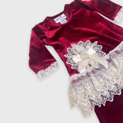girls red velvet lace set, holiday outfit toddler girl, boutique girls Christmas outfit, red velvet tunic with pants, cotton baby girl holiday outfit, boutique baby girl clothing Expressions Boutique NY, toddler girl lace trim velvet set, festive boutique girls outfit, special occasion velvet outfit girls, elegant holiday outfit for toddlers