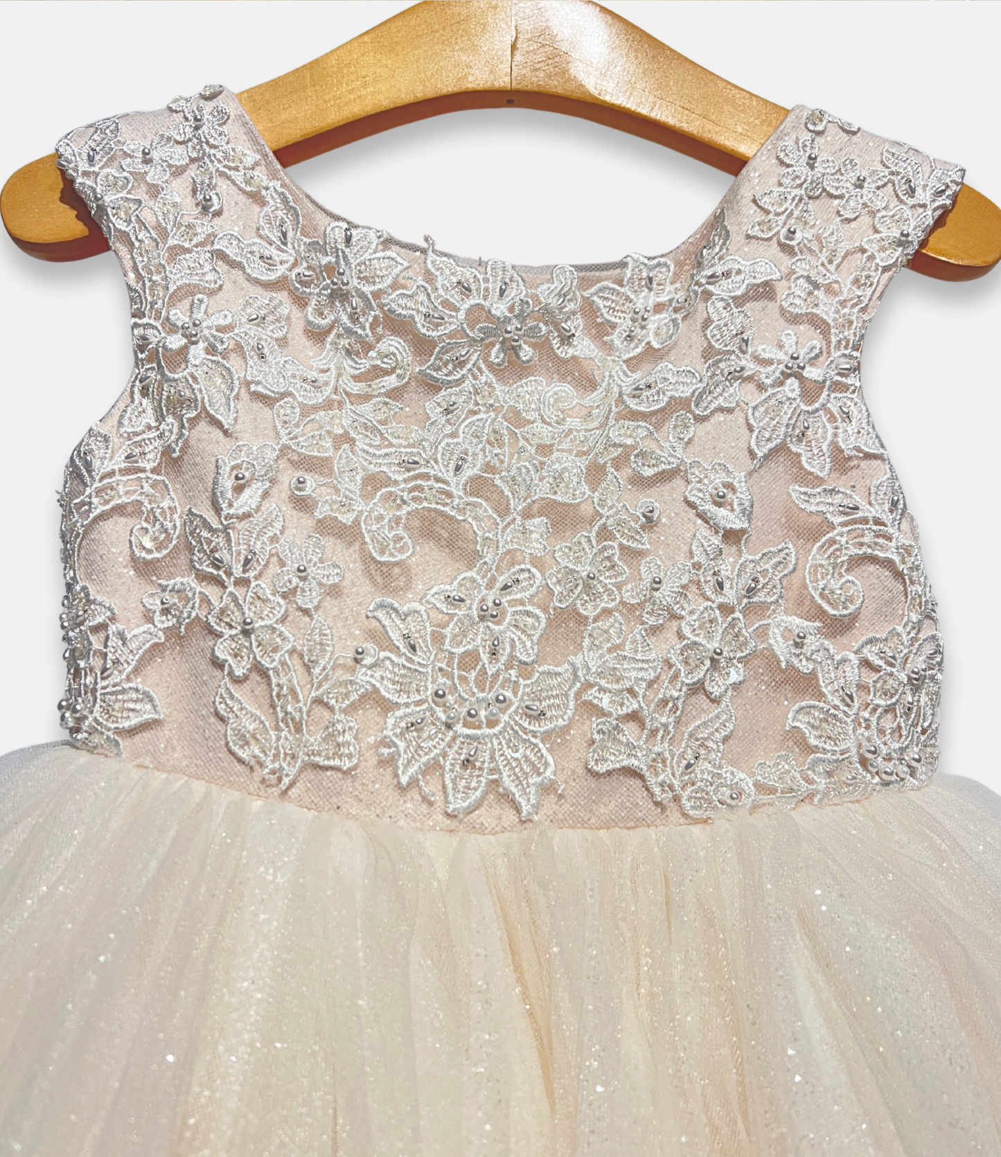 ivory petal dress, ivory tulle flower girl dress, boutique special occasion dress, ivory sequin lace dress, couture girls formal gown, glitter tulle occasion dress, ivory toddler dress, boutique girls party dress, Expressions Boutique NY, couture children’s fashion