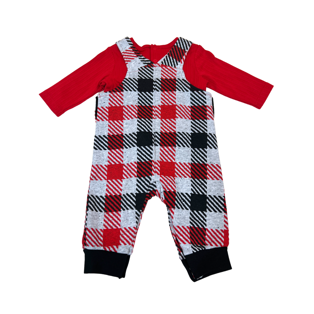 2pc Red Plaid Overall Set