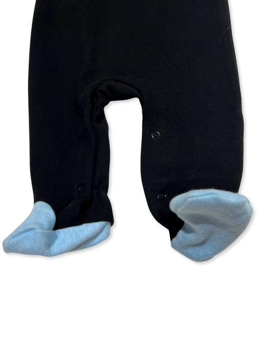 black baby footie, baby boy pocket sleeper, boutique baby romper, infant one piece footie, stylish baby outfit, newborn boy sleepsuit, snap shoulder baby romper, baby shower gift footie, soft cotton baby footed sleeper, modern baby clothing