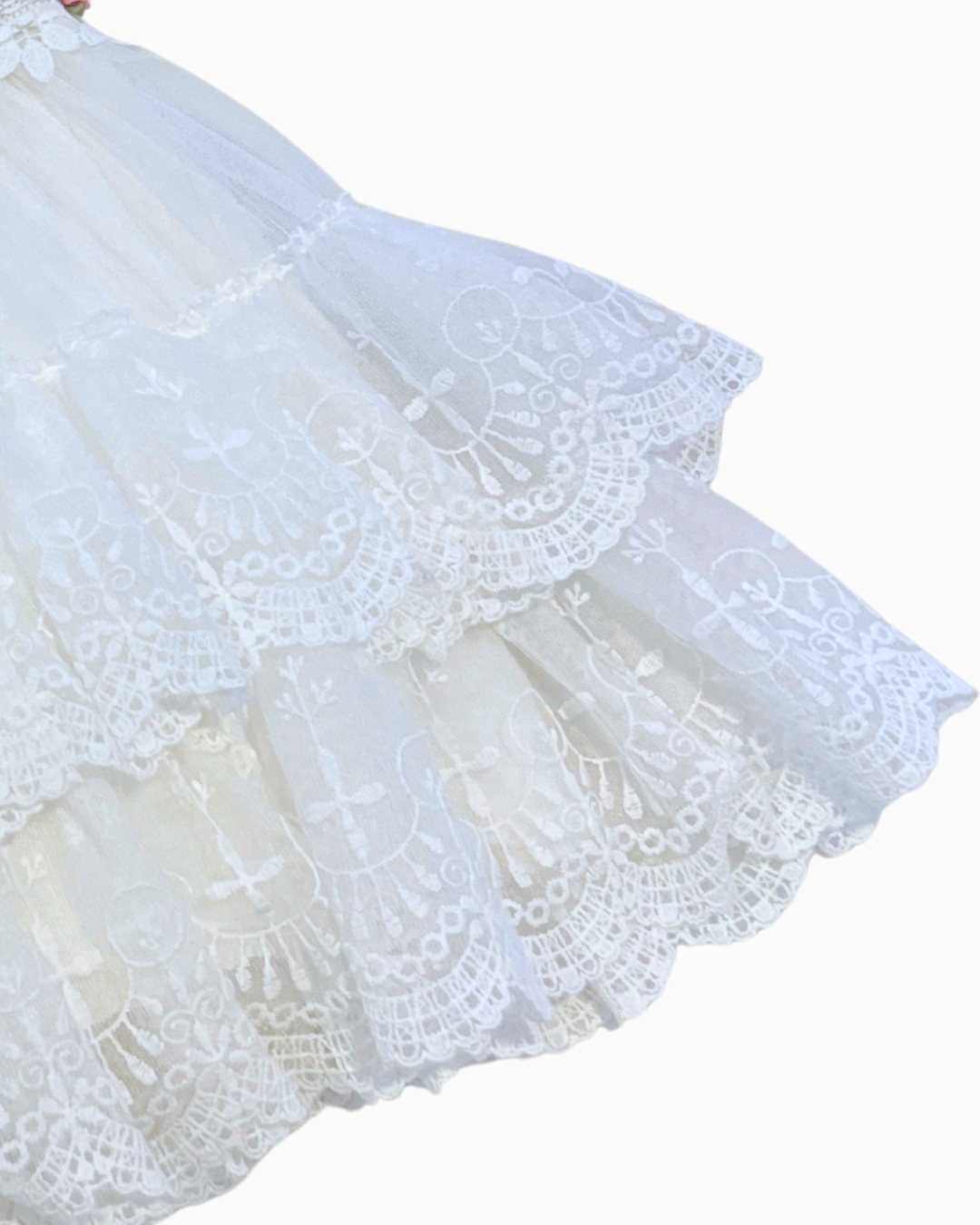 White Dress w Tulle Lace Overlay & Pink Flower Detail