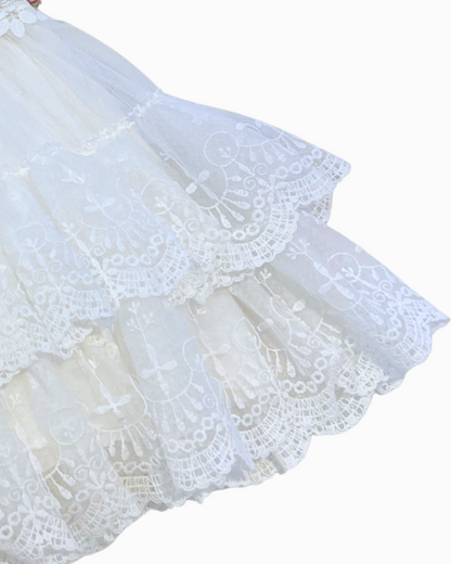 White Dress w Tulle Lace Overlay & Pink Flower Detail