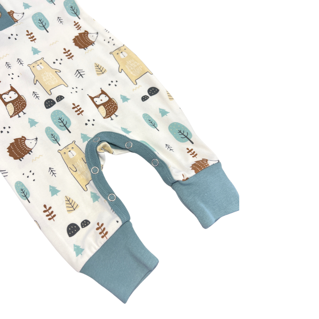 woodland baby romper, forest animal baby outfit, cream and green romper set, baby boy henley romper, infant woodland print sleeper, newborn forest theme outfit, baby romper with hat, cozy fall baby clothes, boutique baby boy gift set, cute animal print romper