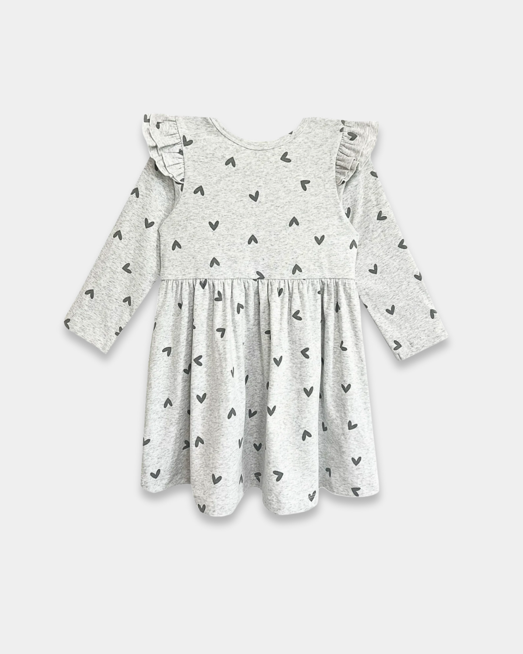 heart print toddler dress, girls grey dress with hearts, boutique toddler clothing, long sleeve ruffle dress, playful toddler girl outfit, kids boutique fashion, cozy toddler dress, everyday toddler outfits, boutique fall dresses for kids, stylish girls clothing, pre-k outfits, school picture day dress