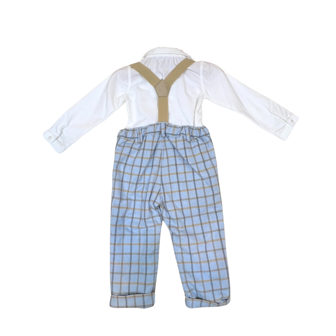 3pc Lt Blue Plaid Pant w Detachable Suspenders & Onesie Collared Top