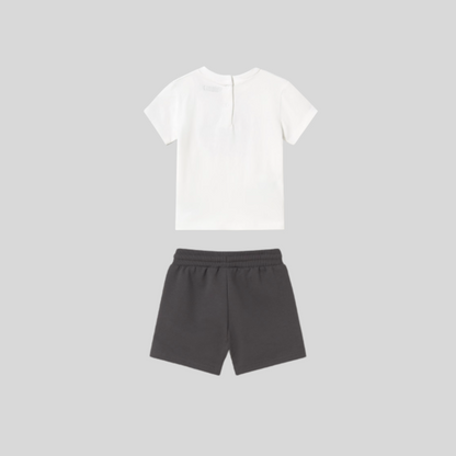 2pc White Tee w Car Applique w Charcoal Shorts