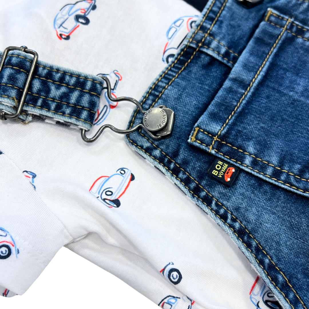 2pc white tee w cars & denim romper